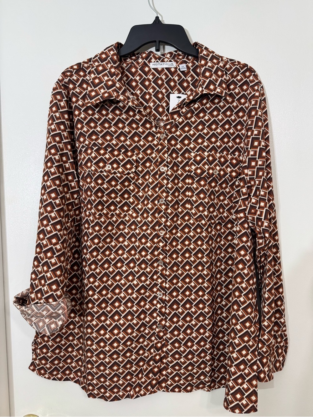 Notations Brown White Diamond-Print Button Front Shirt